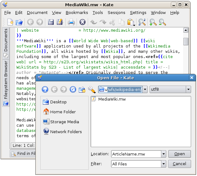 WikipediaFS using Kate